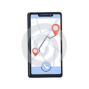 Digital map, GPS app on mobile phone screen. Navigation application finding route, location. Smartphone displaying path