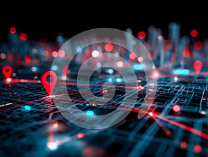 Digital map with location markers and interconnected pathways at night