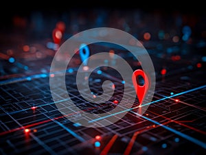 Digital map with location markers over a futuristic technology grid