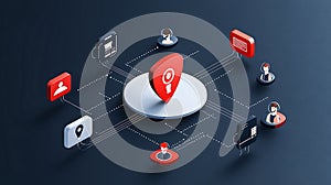 Digital map marker, network connections, user icons, technology, communication, data visualization