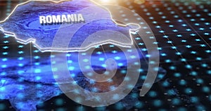 Digital, map and Romania on an information technology or virtual world for global networking or connectivity. Future