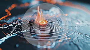 Digital map visualizing earthquake epicenter with seismic waves