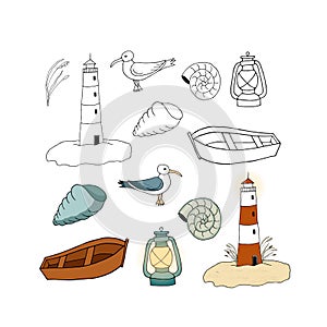 Digital marine set in cartoon style with ship, boat, seagull, lighthouse. Vector illustration.