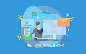 Digital marketer running email newsletter marketing campaign for subscribers. Flat design vector banner.