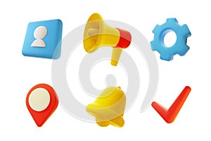 Digital marketing 3d icons. Social media elements, online communication symbols, cartoon realistic style, tag, yellow