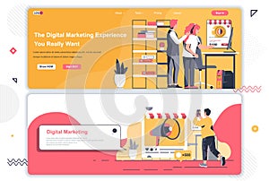 Digital marketing agency landing pages set. Marketing research, promotional campaign corporate website. Flat vector