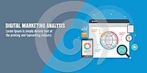 Digital marketing analysis - data driven marketing, marketing insights, statistics, research concept. Flat design vector banner.