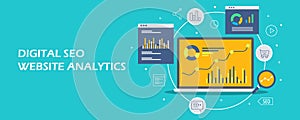 Digital marketing analytics - website seo data showing on laptop computer. Flat design vector banner.
