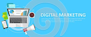 Digital marketing banner. Computer with graphs, money, megaphone and coffee.