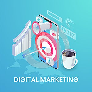 Digital marketing banner. Social Media Mobile Isometric Concept. 3d apps icons, loudspeacker, target on smartphone screen.