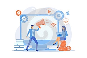 Digital marketing benefit. Web analytics. Programmers working in team. Marketing activity. Attribution modeling,