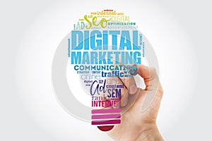 Digital Marketing bulb word cloud collage with marker, business concept background