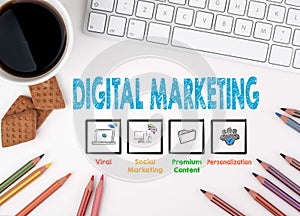 Digital Marketing, Business concept. White office desk