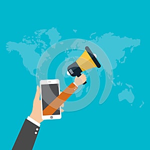 Digital marketing concept, Businessman hand holding a megaphone, vector