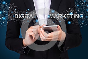 Digital Marketing concept, Businesswoman using mobile smart phone, Social, media