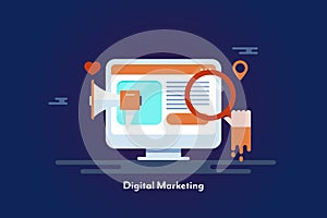 Digital marketing concept. Computer screen with hand magnifying glass, web content promotion business seo.