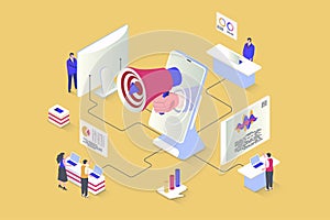 Digital marketing concept in 3d isometric design. Online promotion and advertising in social networks, targeting, attracting