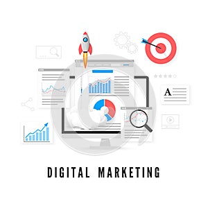 Digital marketing concept. Data analysis. SEO promotion. Vector illustration