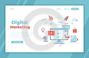 Digital Marketing concept. Landing page template. Business analysis, targeting, management. Social network and media communication