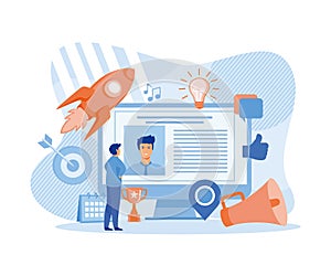 Digital marketing concept, Man with skyrocketing social networking media communication and promotion. flat vector modern