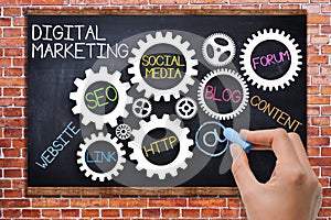 Digital marketing concept with spinning gears on blackboard