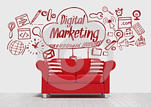Digital marketing conceptual graphic on 3D room wall