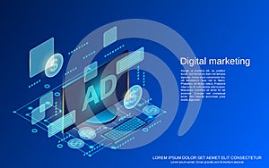 Digital marketing, digital advertising isometric vector concept