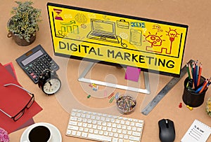 Digital Marketing Drawing Icons on Office Table Computer