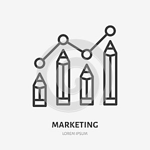 Digital marketing flat line icon. Selling text, pencils infographic vector illustration. Thin sign of content strategy