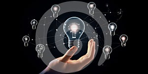 Digital marketing. Hand holding light bulb, innovation technology, business icons on network connection
