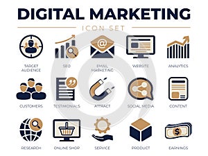 Digital Marketing Icon Set. Target Audience, SEO, Email Marketing, Website, Analytics, Customers, Testimonials, Attract, Social