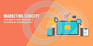 Digital marketing, internet advertising, content promotion, seo, social media marketing concept. Flat design vector banner.