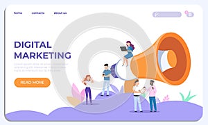 Digital marketing landing page. Specialists working on business analysis. Vector website design template