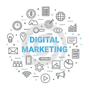 Digital marketing line icon circle, global business commerce