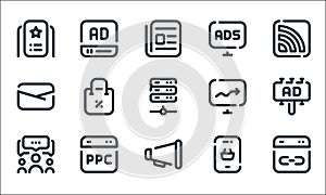 Digital marketing line icons. linear set. quality vector line set such as link, announcer, group, online shop, pay per click,
