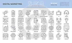 Digital marketing linear icons. Editable stroke. Campaign to promote focus search engine TV e-mail management planning