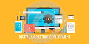 Digital marketing, marketing strategy development, seo, sem, video, email communication concept. Flat design vector banner.