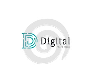 Digital marketing monogram, dashes letter D. Linear logo template, flat abstract emblem. Concept logotype design for