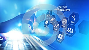 Digital marketing, Online advertising, SEO, SEM, SMM. Business and internet concept.