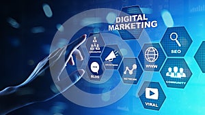 Digital marketing, Online advertising, SEO, SEM, SMM. Business and internet concept. photo