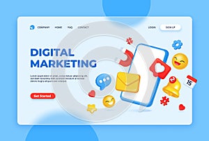 Digital marketing, online communication concept with 3d social media icons. Internet advertising strategies and