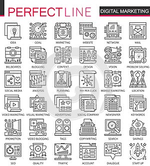 Digital Marketing outline mini concept symbols. SEO development modern stroke linear style illustrations set. Perfect