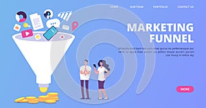 Digital marketing sales funnel. Vector funnel generating sales landing page