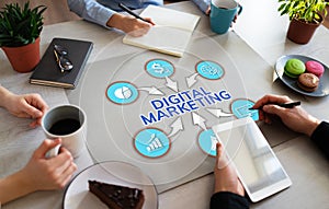 Digital marketing SEO Search engine optimisation Content management Online Advertising concept on office desktop. photo