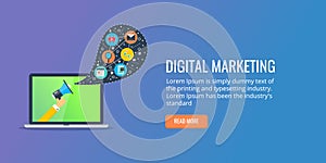 Digital marketing seo, social communication concept- media technology. Flat design banner.