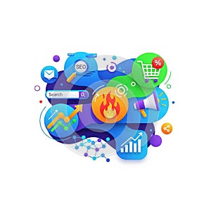 Digital marketing seo strategy growth analytics online commerce strategy data visualization isolated on white background