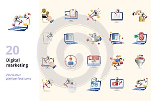 Digital marketing set. Creative icons: pay per click, blog management, advertising, e-mail marketing, sponsored ad, sms