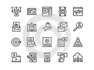 Digital Marketing. Set of outline vector icons. Includes such as Viral video, E-commerce, Analytics and other. Editable