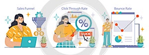 Digital Marketing set. Woman analyzes sales funnel, man inspects click-through
