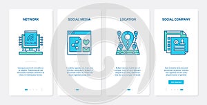 Digital marketing in social media technology UX, UI onboarding mobile app page screen set